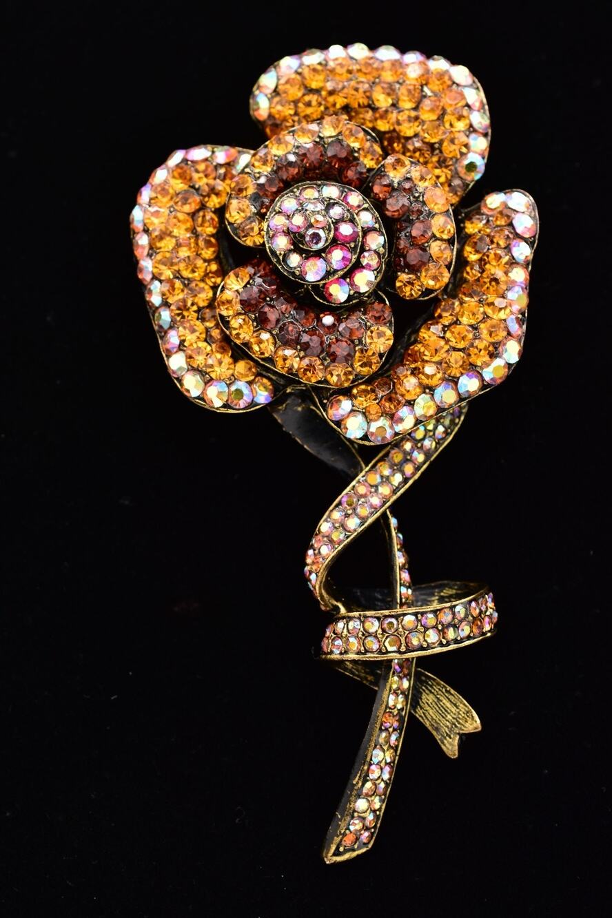 Vintage Crystal Big Rose Flower Pin Brooch 4.75" AB Orange Antiqued Chunky BinBP